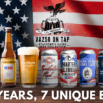 American flag background with VA250 on Tap logo, the beer collection and "250 years, 7 unique beers, written on the bottom