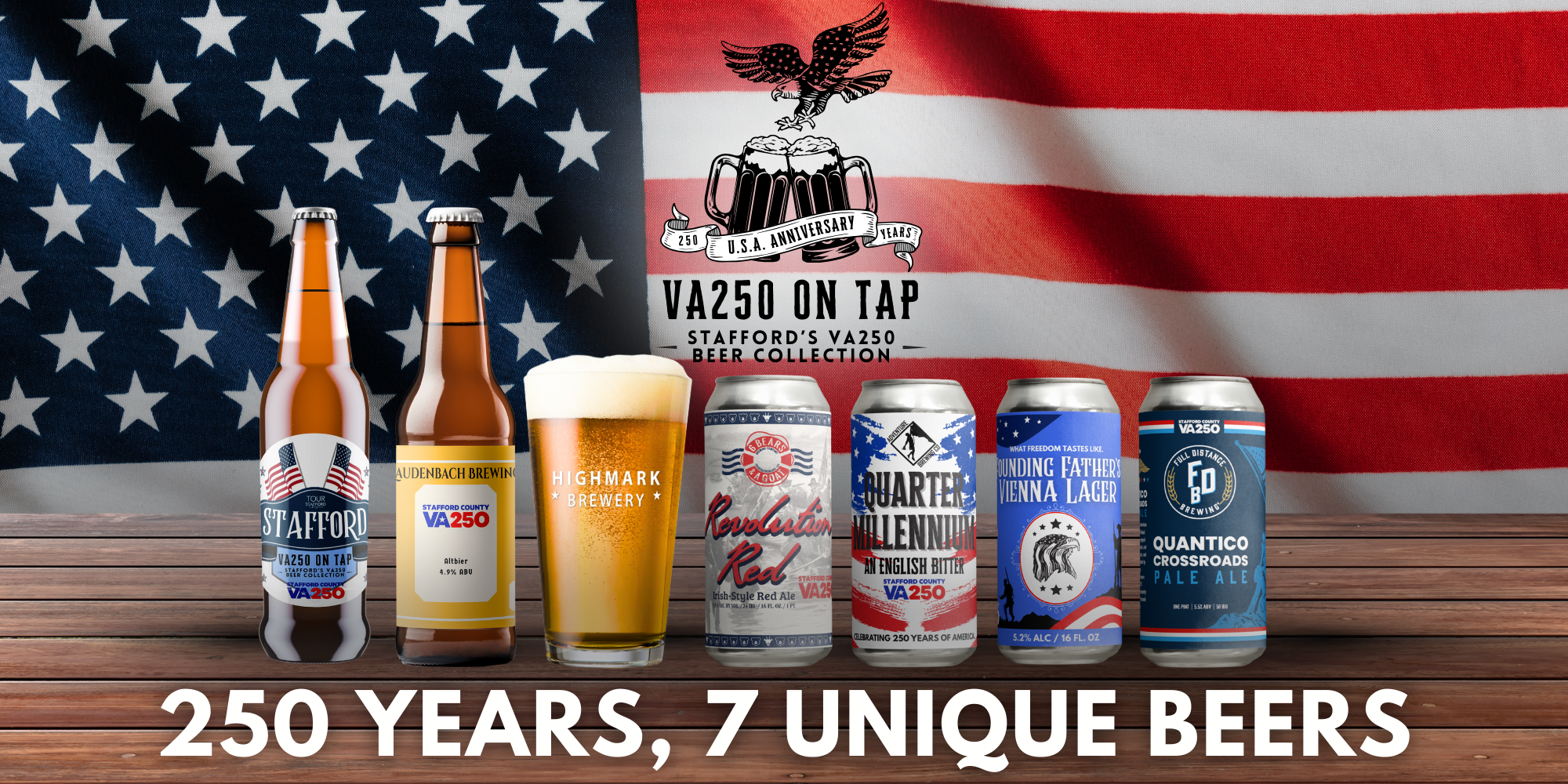 American flag background with VA250 on Tap logo, the beer collection and "250 years, 7 unique beers, written on the bottom