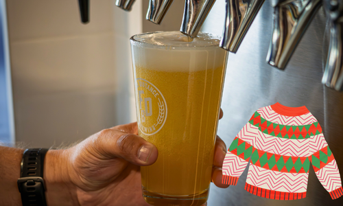 Beer being filled from a tap and a ugly sweater graphic in the corner 